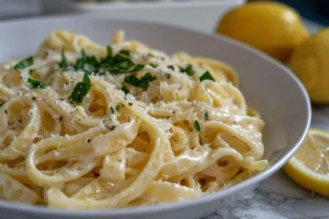 A bowl of creamy lemon pasta garnished with parsley and lemon slices.