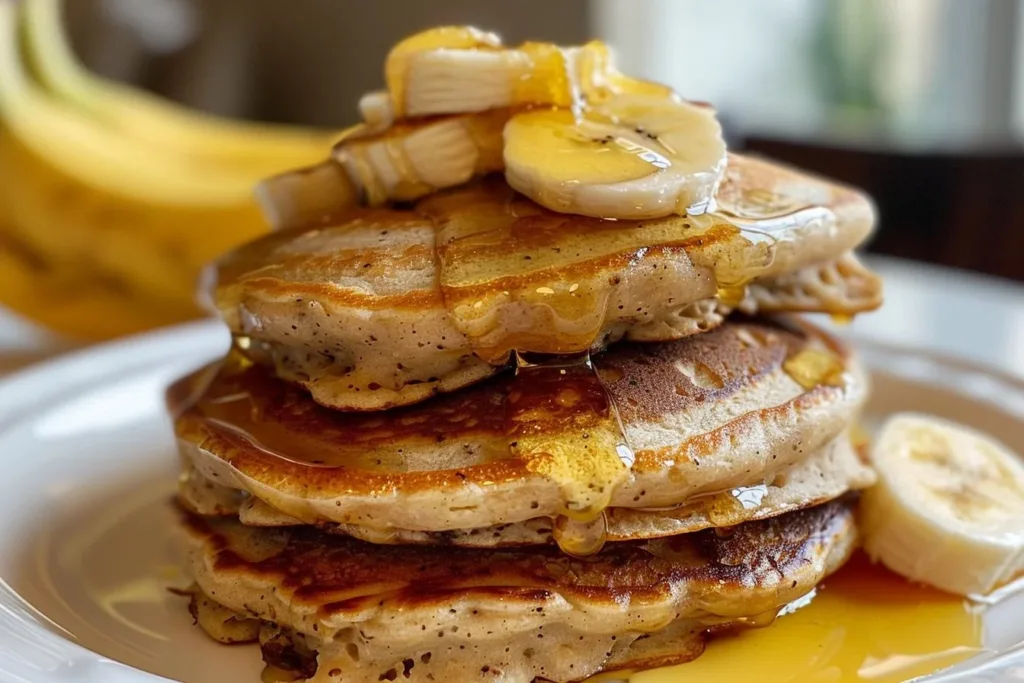 Three ingredient banana oatmeal pancakes stacked on a plate with syrup