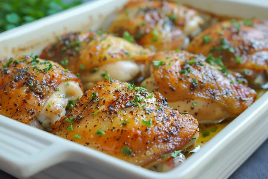 Juicy baked chicken thighs, seasoned to perfection and ready to serve.