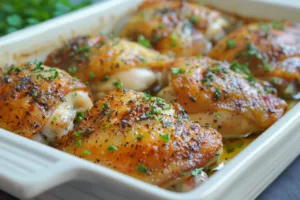 Juicy baked chicken thighs, seasoned to perfection and ready to serve.