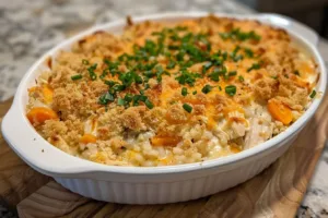 Delicious and creamy chicken casserole topped with crispy breadcrumbs.