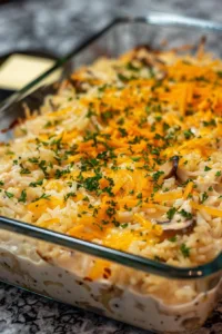 Angel Chicken Rice Casserole dish served with herbs and rice