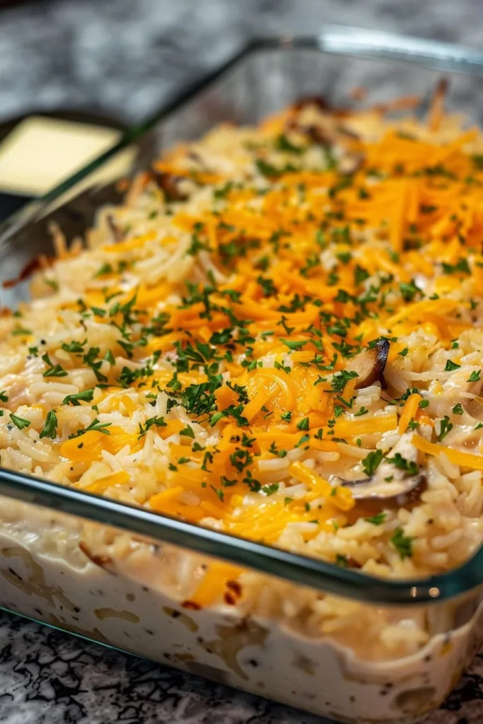 Angel Chicken Rice Casserole dish served with herbs and rice