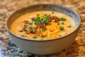 Delicious bowl of homemade baked potato soup topped with cheddar and chives.
