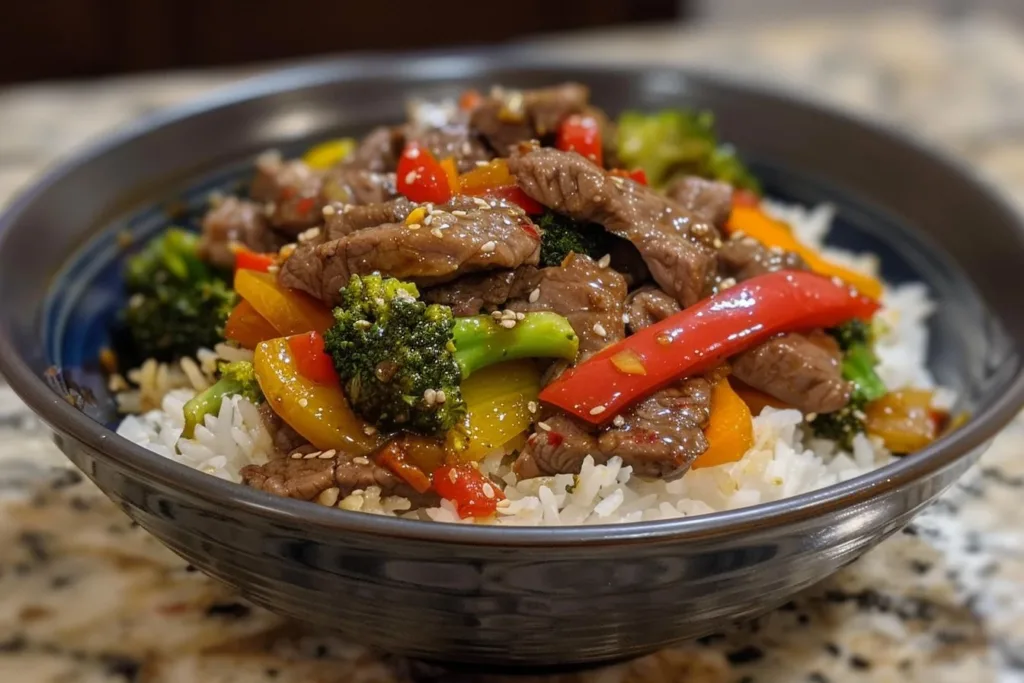 Beef stir fry with colorful vegetables in a frying pan