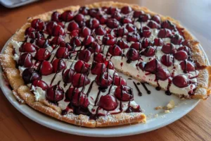 Delicious Cherry Dessert Pizza topped with fresh cherries and creamy filling