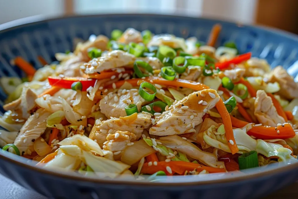 Colorful Chicken Cabbage Stir-Fry with vegetables in a skillet