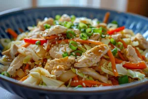 Colorful Chicken Cabbage Stir-Fry with vegetables in a skillet
