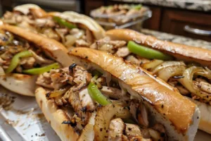 Mouthwatering Chicken Cheesesteak Sandwich piled high with fresh ingredients