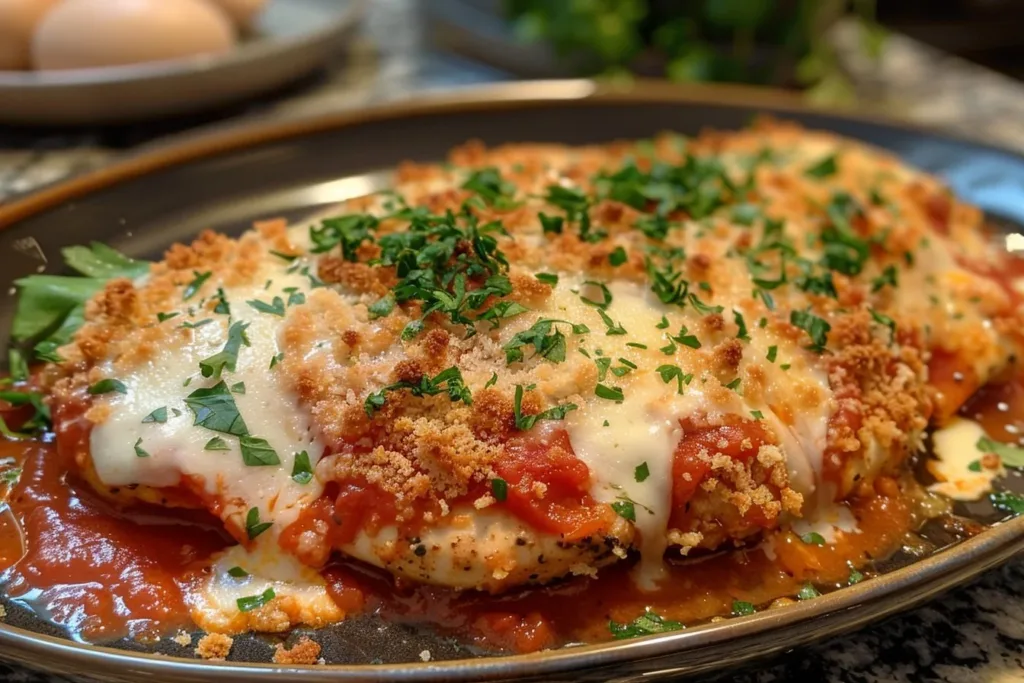 Delicious Chicken Parmesan served with marinara sauce and cheese on top.
