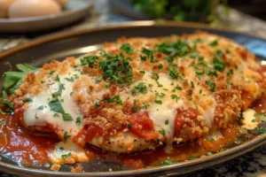 Delicious Chicken Parmesan served with marinara sauce and cheese on top.