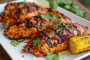 Delicious Chipotle BBQ Chicken served with creamed grilled corn on the side.