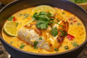 Delicious Coconut Lime Fish Soup garnished with lime and herbs