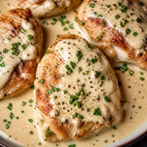 Creamy Chicken Boursin Sauce served over tender chicken breasts with spinach.