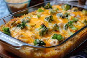 Delicious creamy chicken broccoli rice cheese casserole in a baking dish