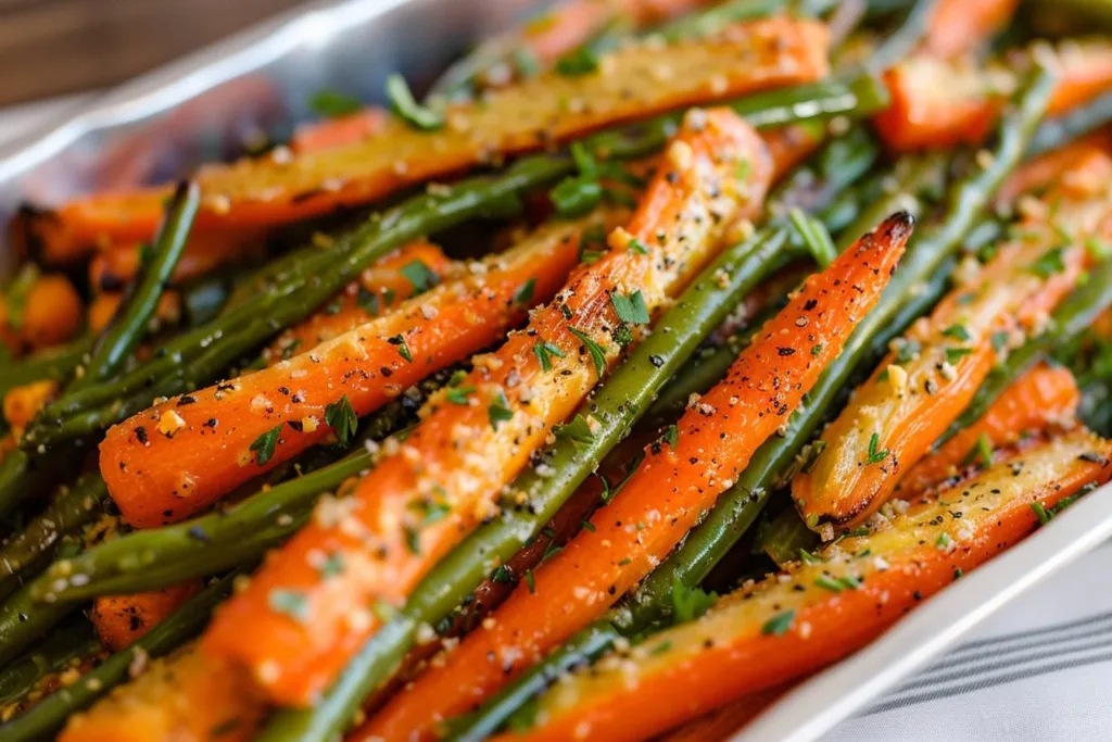 Plate of crispy roasted carrots and green beans garnished with herbs.