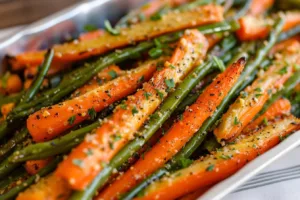 Plate of crispy roasted carrots and green beans garnished with herbs.