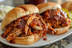 Crockpot BBQ Pulled Chicken served in a bun with cole slaw