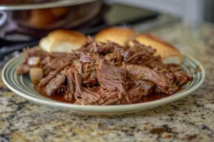Crockpot shredded beef barbecue served with buns and sauce