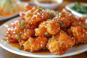 Double Crunch Orange Chicken served with vibrant sauce and garnishes