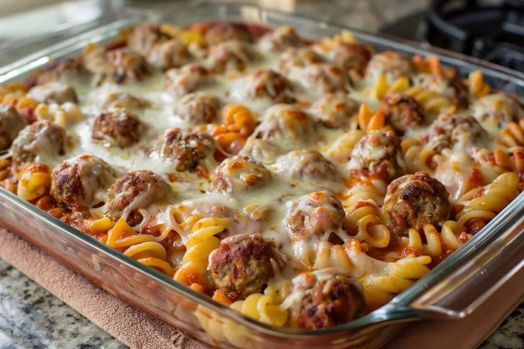 Delicious Dump and Bake Meatball Casserole served in a baking dish.