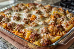 Delicious Dump and Bake Meatball Casserole served in a baking dish.
