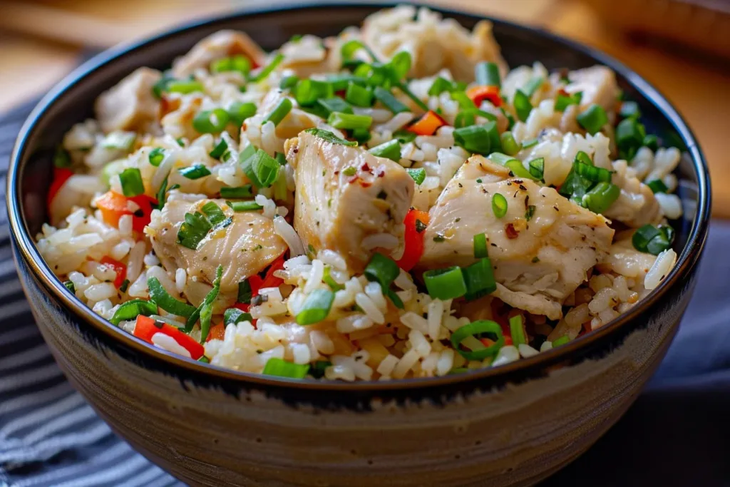 Delicious easy coconut chicken rice bowl garnished with herbs