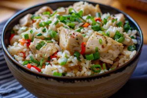 Delicious easy coconut chicken rice bowl garnished with herbs