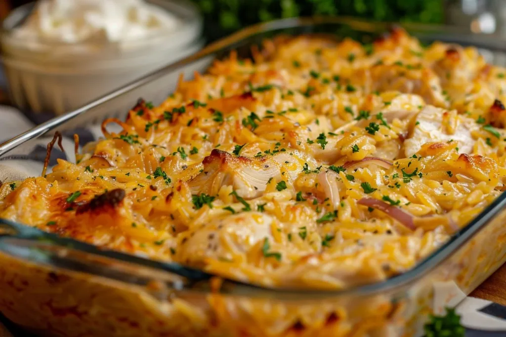 French Onion Chicken Orzo Casserole served in a bowl, garnished with fresh herbs.