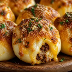 Delicious Garlic Parmesan Cheeseburger Bombs with beef and cheese wrapped in biscuit dough.