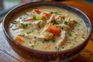 Bowl of Garlic Parmesan Chicken Soup topped with fresh herbs