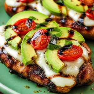 Grilled California Avocado Chicken topped with mozzarella, avocado, and tomatoes on a platter.