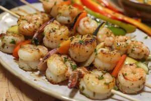 Grilled scallops and shrimp kabobs with colorful vegetables on skewers