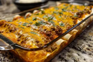 Delicious ground beef enchiladas topped with cheese and sauce, served on a plate.