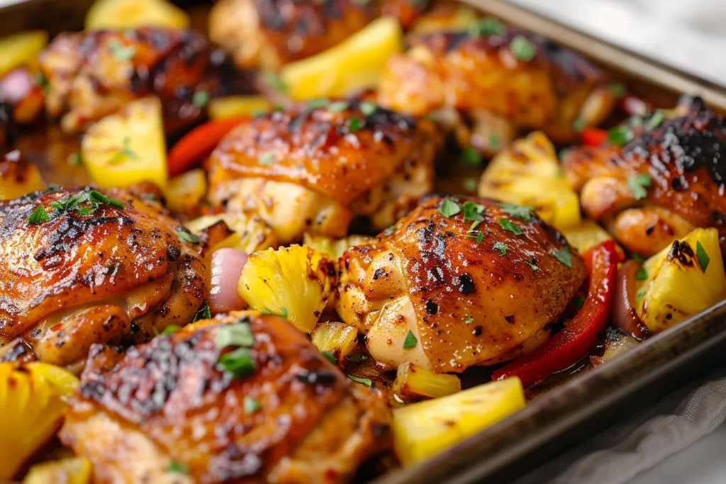 Hawaiian chicken sheet pan meal with vibrant vegetables and pineapple.