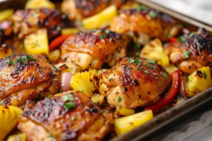 Hawaiian chicken sheet pan meal with vibrant vegetables and pineapple.