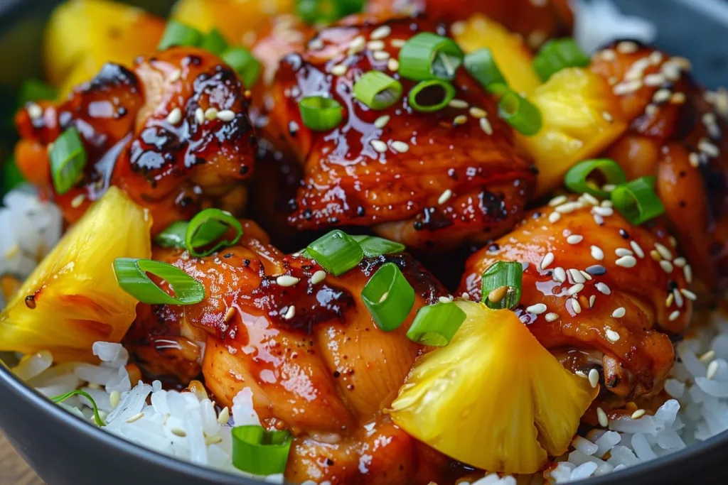 Hawaiian Teriyaki Chicken garnished with sesame seeds and green onions