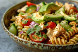 Healthy chicken pasta salad with avocado in a bowl for a nutritious meal.