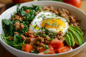 Healthy easy turkey breakfast bowl with vegetables and eggs