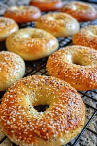 Freshly baked homemade bagels on a wooden board
