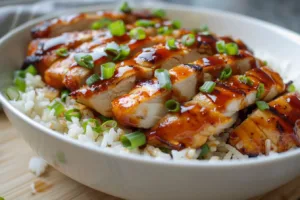 Delicious Honey BBQ Chicken served over rice, a flavorful meal option.