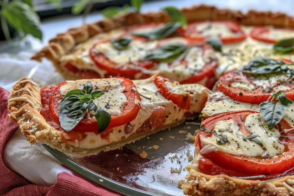 Slice of iconic tomato pie with fresh tomatoes and herbs on a wooden table