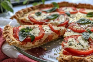 Slice of iconic tomato pie with fresh tomatoes and herbs on a wooden table