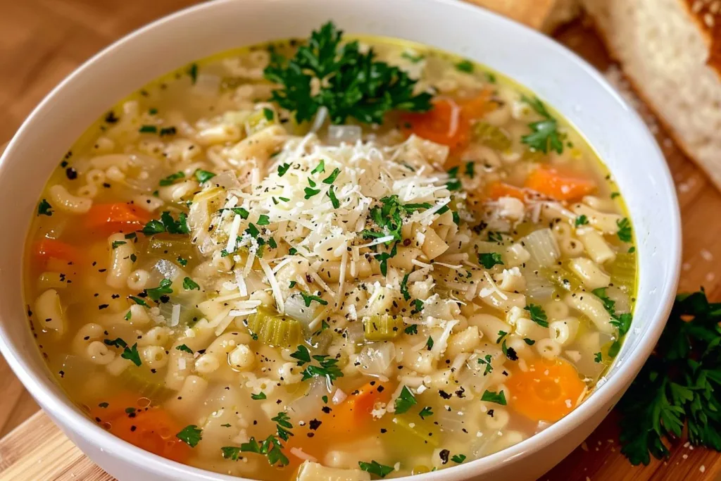 Delicious bowl of Italian Pastina Soup with charming tiny pasta and fresh herbs.