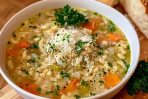 Delicious bowl of Italian Pastina Soup with charming tiny pasta and fresh herbs.