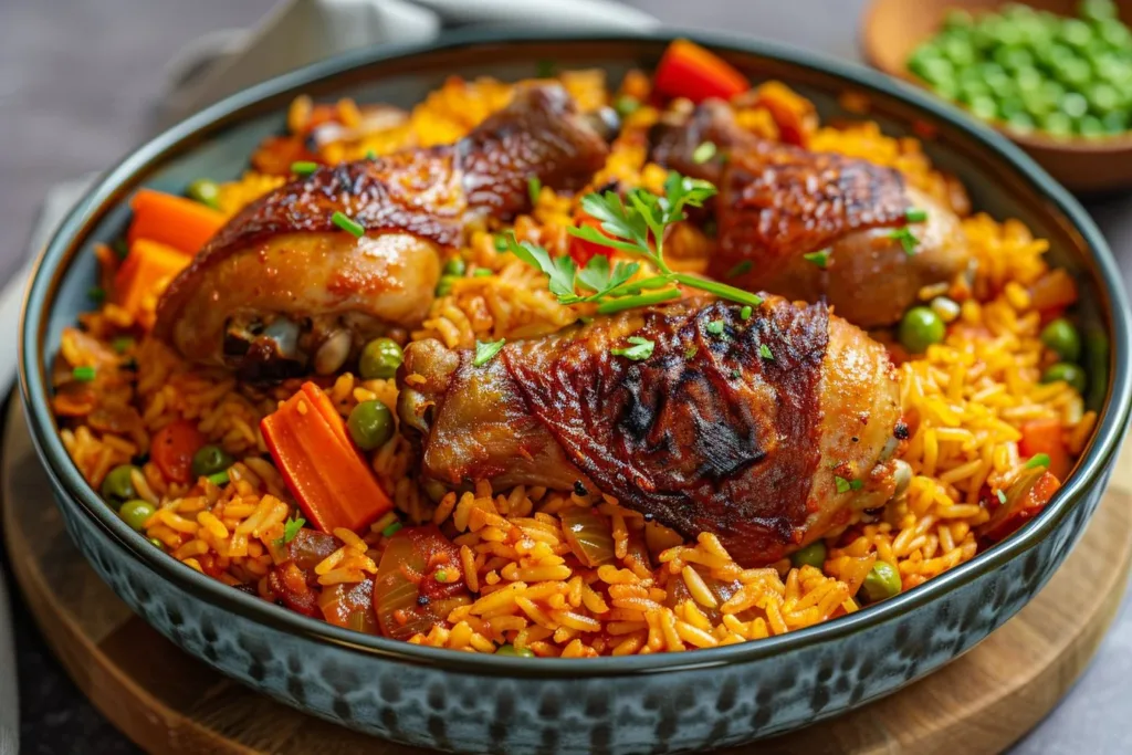 Plate of Jollof Rice with Chicken, showcasing vibrant colors and spices.