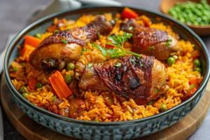 Plate of Jollof Rice with Chicken, showcasing vibrant colors and spices.