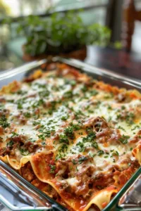 Delicious lazy lasagna dish ready to serve with layers of pasta and sauce.