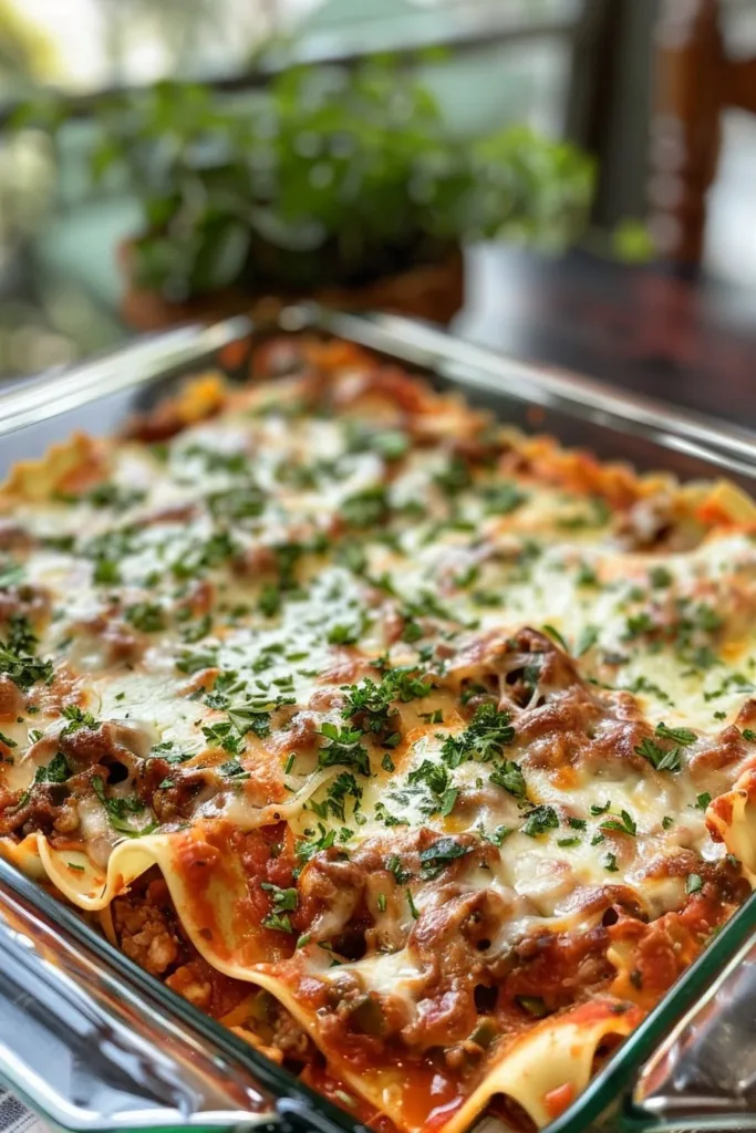 Delicious lazy lasagna dish ready to serve with layers of pasta and sauce.