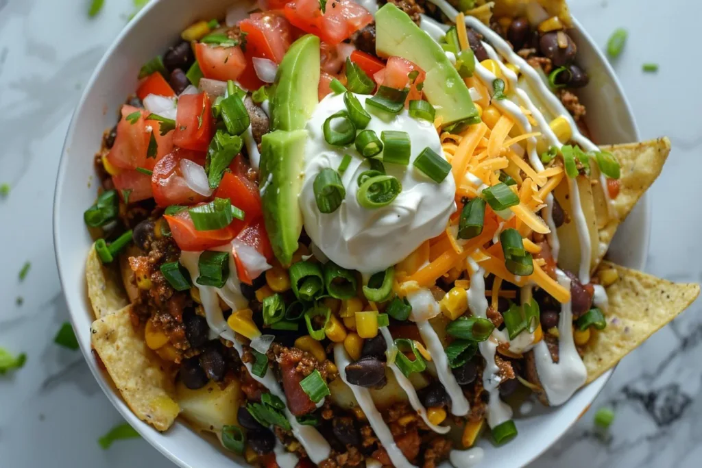 A hearty Loaded Potato Taco Bowl topped with fresh ingredients and vibrant colors.